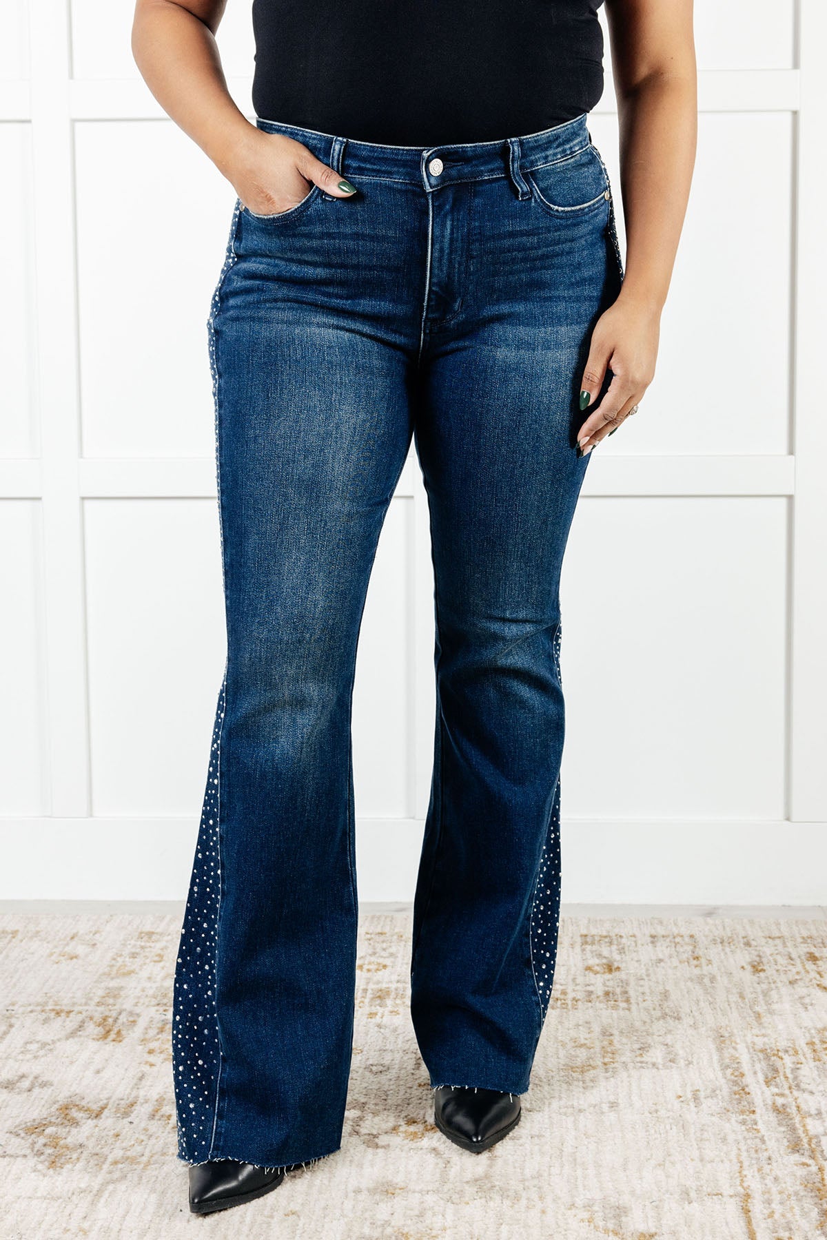 Shannon Mid Rise Rhinestone Detail Flare Jeans MadreForte LLC