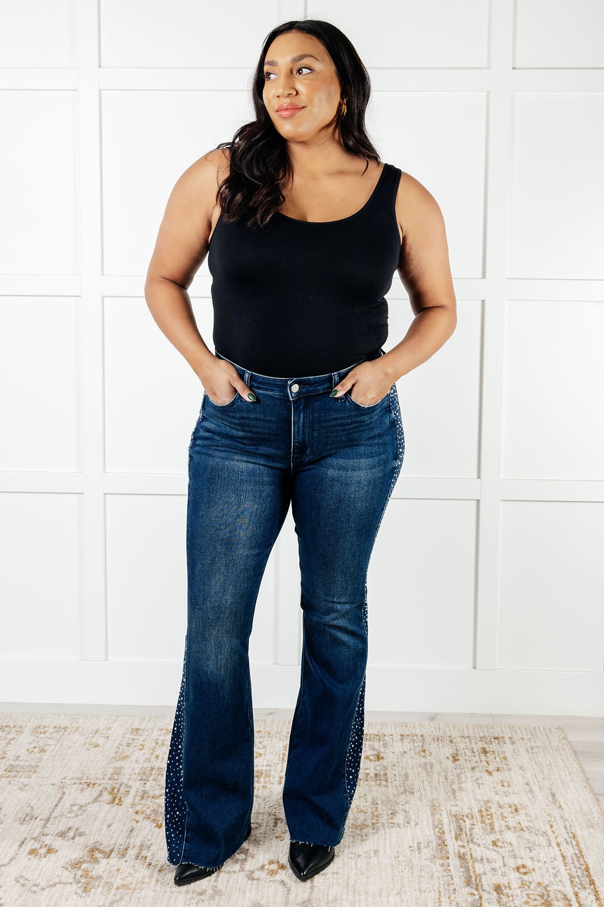 Shannon Mid Rise Rhinestone Detail Flare Jeans MadreForte LLC