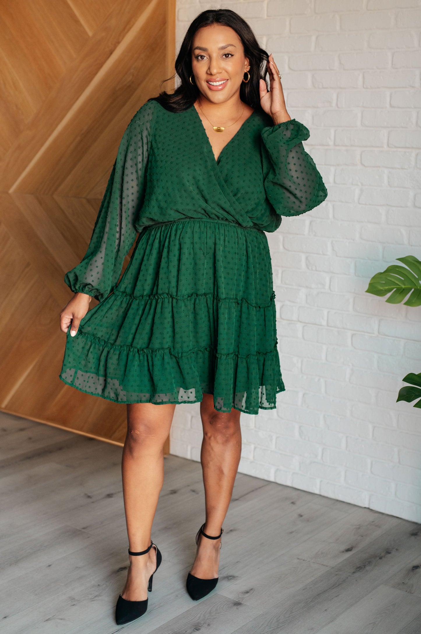 Starlit Glow V-Neck Tiered Dress in Hunter Green MadreForte LLC