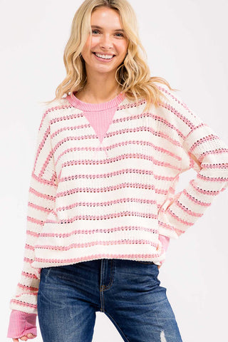 Pink Loose Fit Striped Knit Pullover Sweater