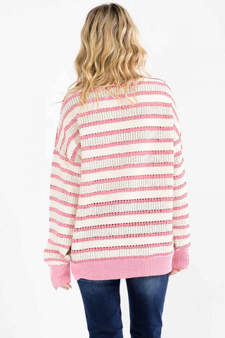 Pink Loose Fit Striped Knit Pullover Sweater