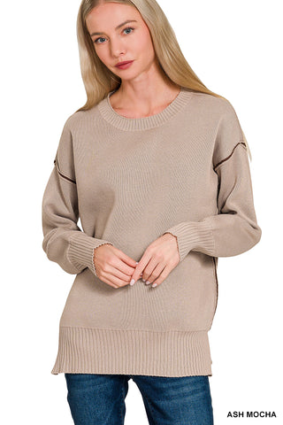 Zenana Round neck contrast trim sweater
