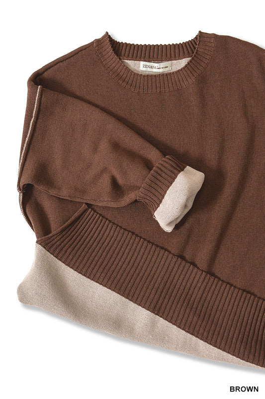 Zenana Round neck contrast trim sweater