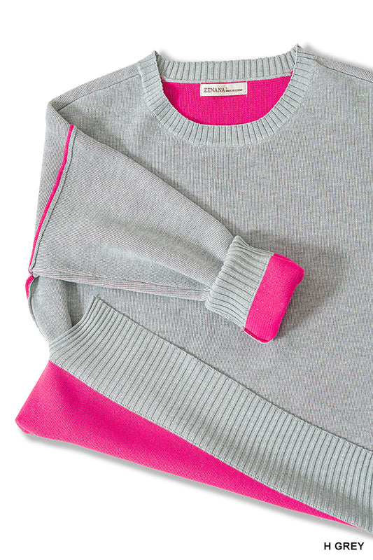 Zenana Round neck contrast trim sweater