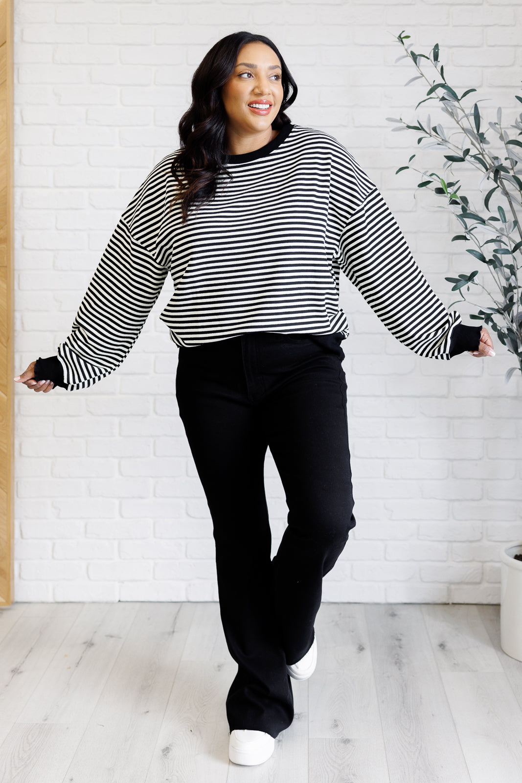 Too Good to Be True Striped Drop Shoulder Top in Black MadreForte LLC