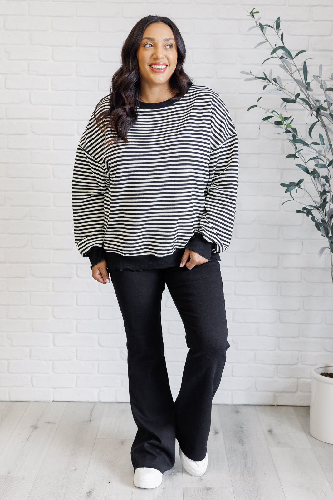 Too Good to Be True Striped Drop Shoulder Top in Black MadreForte LLC