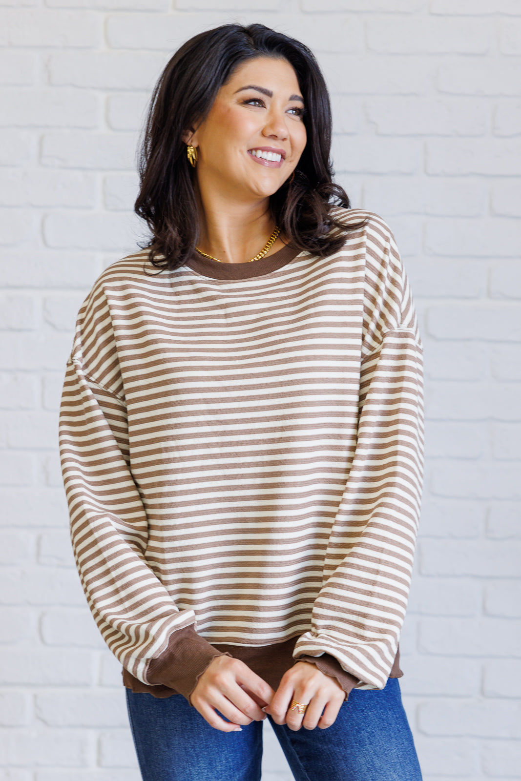 Too Good to be True Striped Drop Shoulder Top in Brown MadreForte LLC