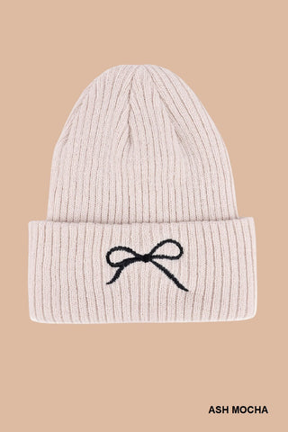 Zenana Coquette bow embroidered knitted beanie