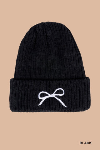 Zenana Coquette bow embroidered knitted beanie