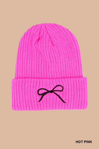 Zenana Coquette bow embroidered knitted beanie