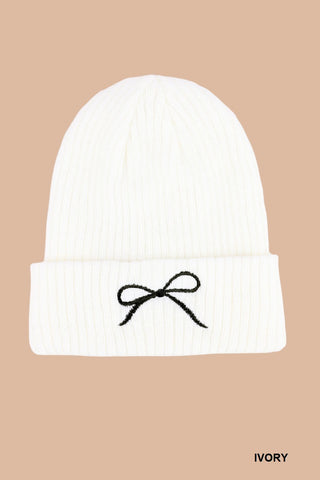 Zenana Coquette bow embroidered knitted beanie
