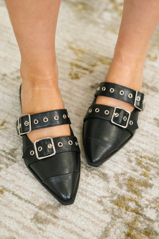 Usual Pointy Toe Double Buckle Flat in Black