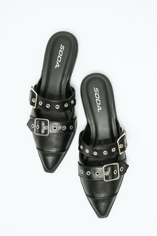 Usual Pointy Toe Double Buckle Flat in Black