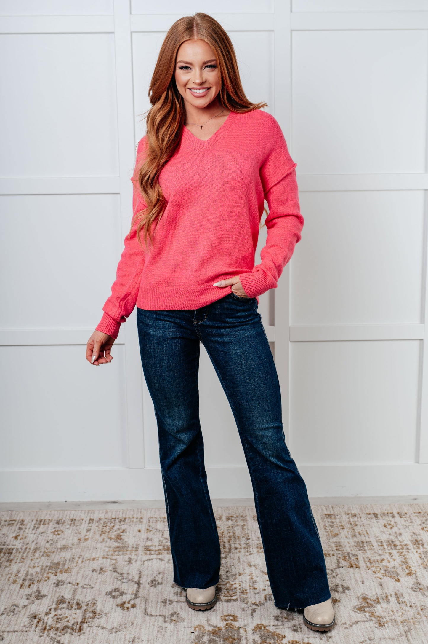 Very Understandable V-Neck Sweater in Pink MadreForte LLC