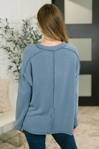 Wander & Rest Cable Ribbed Knit Drop Shoulder Top in Dusty Blue