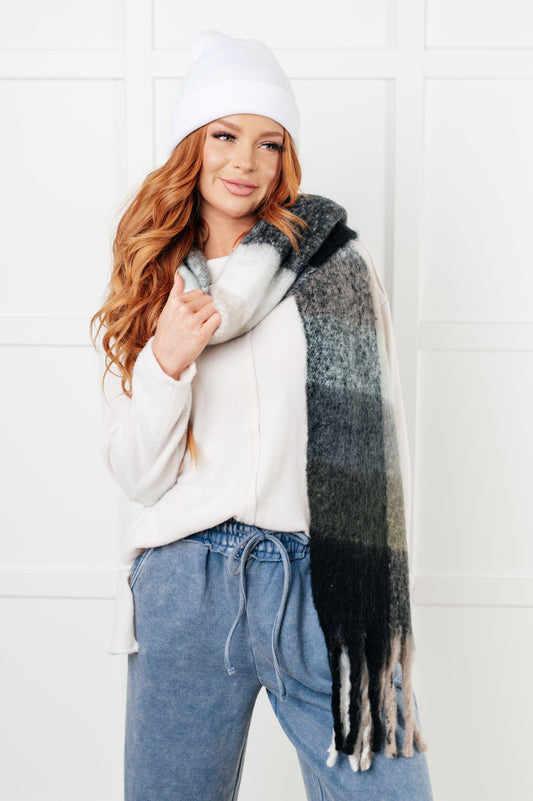 Wanderlust Wrap Oversized Plaid Fringe Scarf in Grey and Jade MadreForte LLC