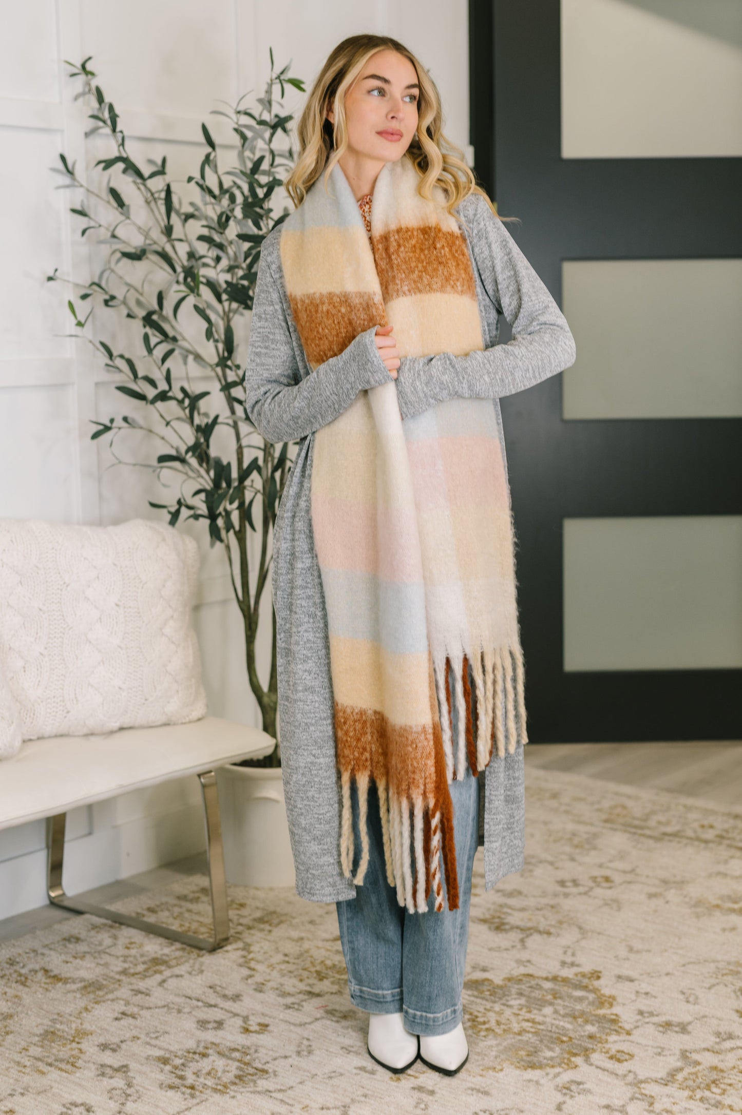 Wanderlust Wrap Oversized Plaid Fringe Scarf in Light Brown