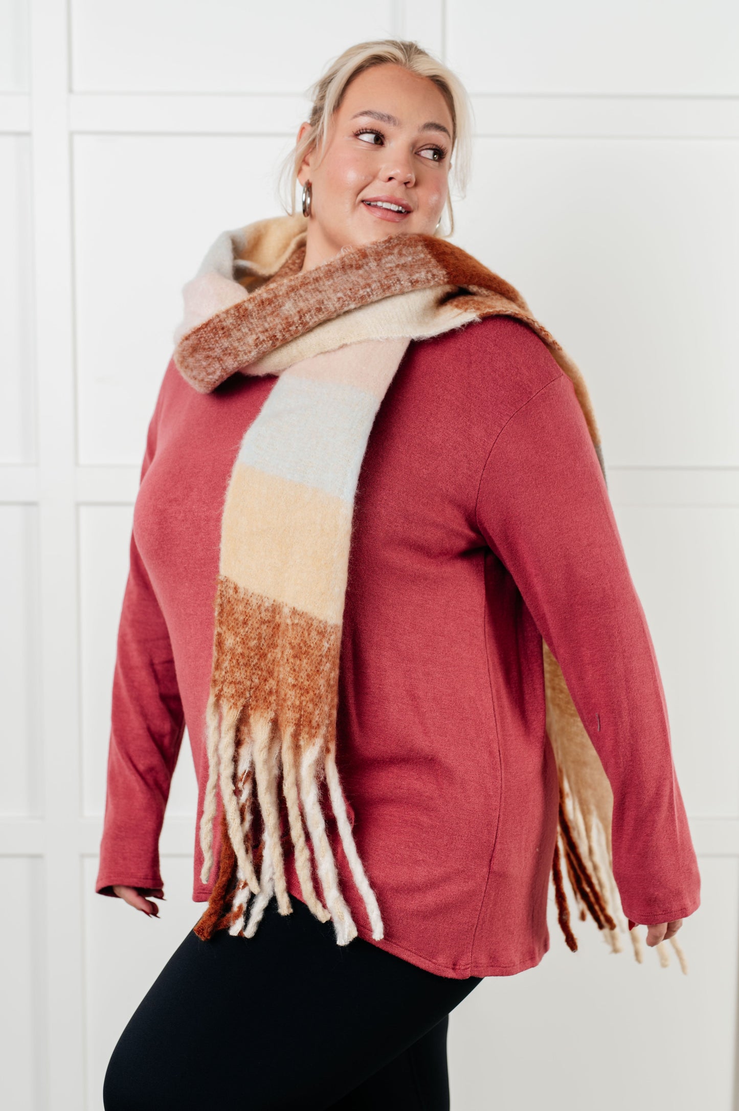 Wanderlust Wrap Oversized Plaid Fringe Scarf in Light Brown MadreForte LLC