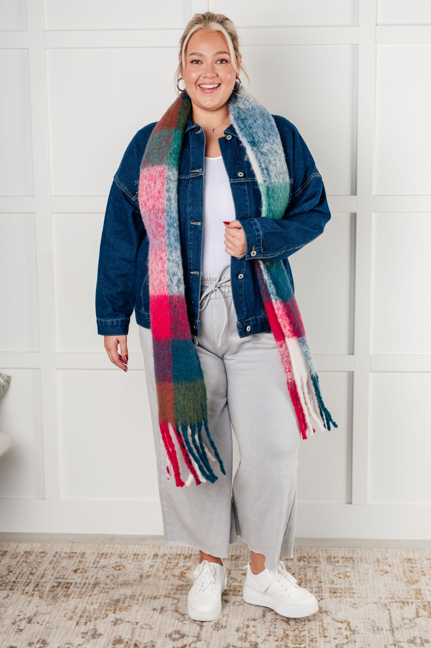 Wanderlust Wrap Oversized Plaid Fringe Scarf in Magenta and Teal MadreForte LLC