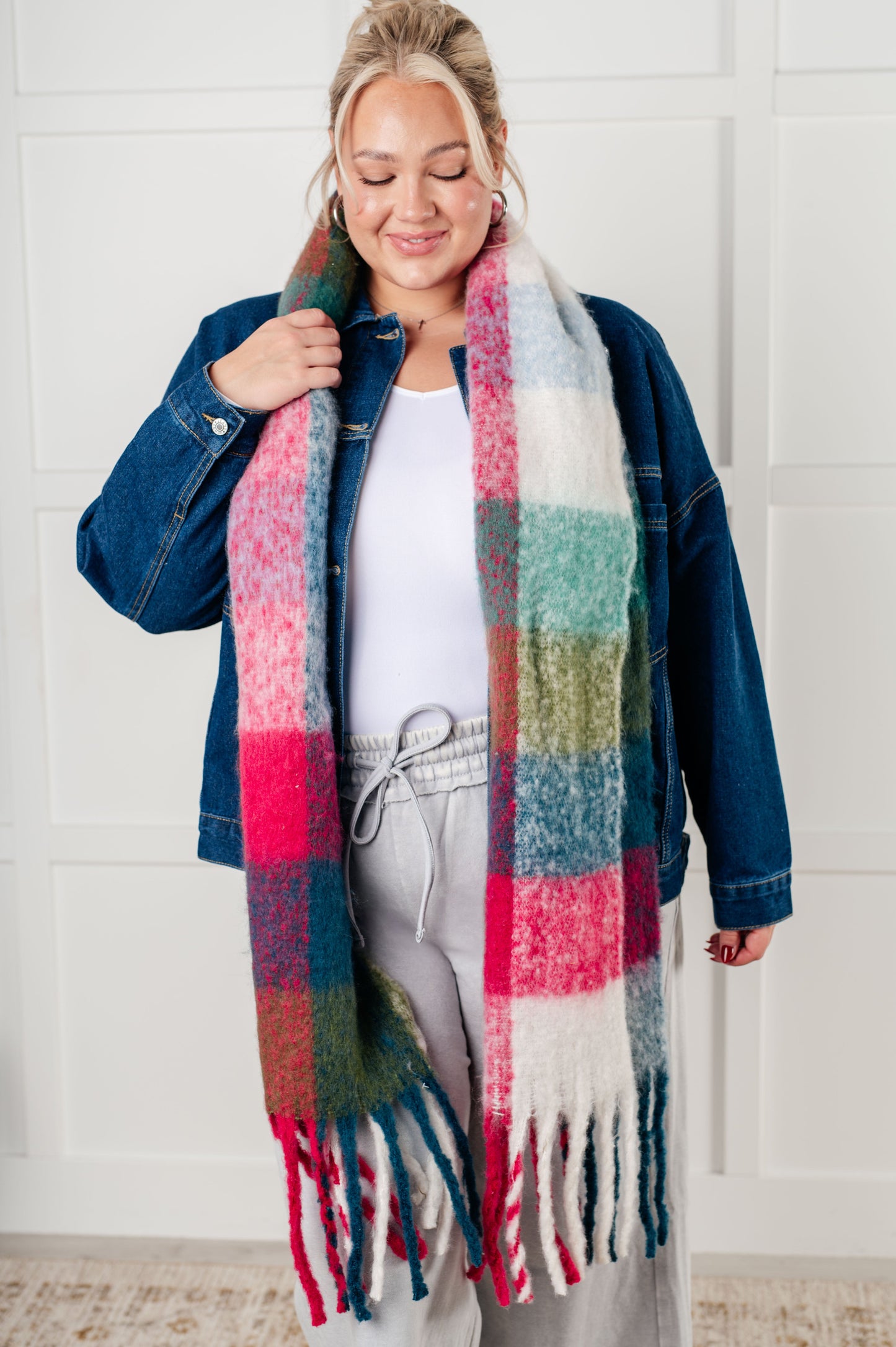 Wanderlust Wrap Oversized Plaid Fringe Scarf in Magenta and Teal MadreForte LLC