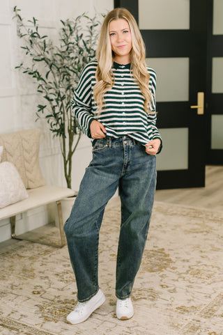 Won't Be Long Collared Sweater Button Down in in Hunter Green
