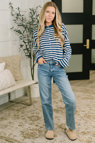 Won't Be Long Collared Sweater Button Down in Navy