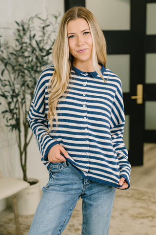 Won't Be Long Collared Sweater Button Down in Navy