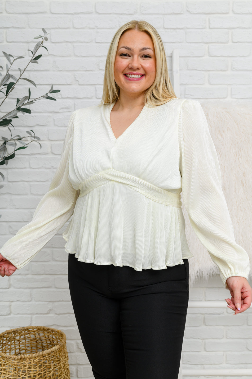 Xanidu Long Sleeve V Neck Blouse in White MadreForte LLC