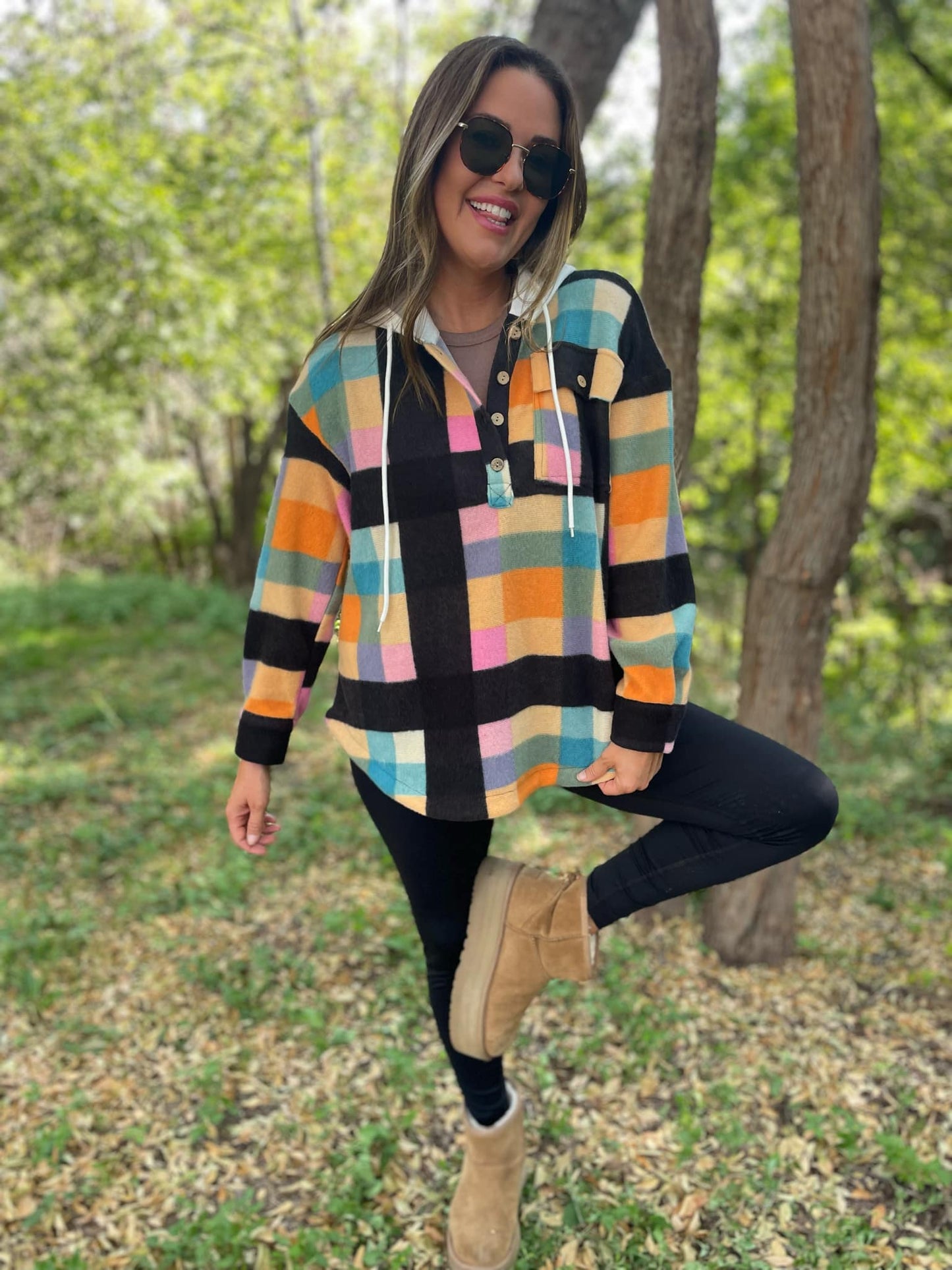 PREORDER: Rainbow Plaid Button Hoodie MadreForte LLC