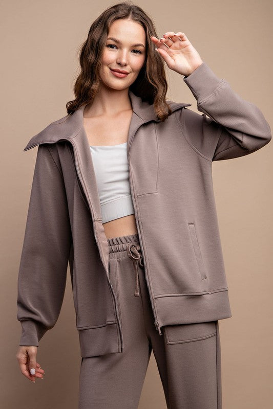 Modal Poly Full Zip Jacket in Mocha MadreForte LLC