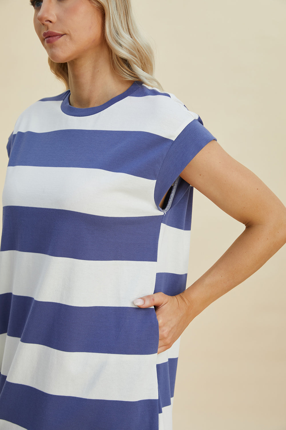 Basic Bae Full Size Striped Round Neck Cap Sleeve Mini Dress MadreForte LLC