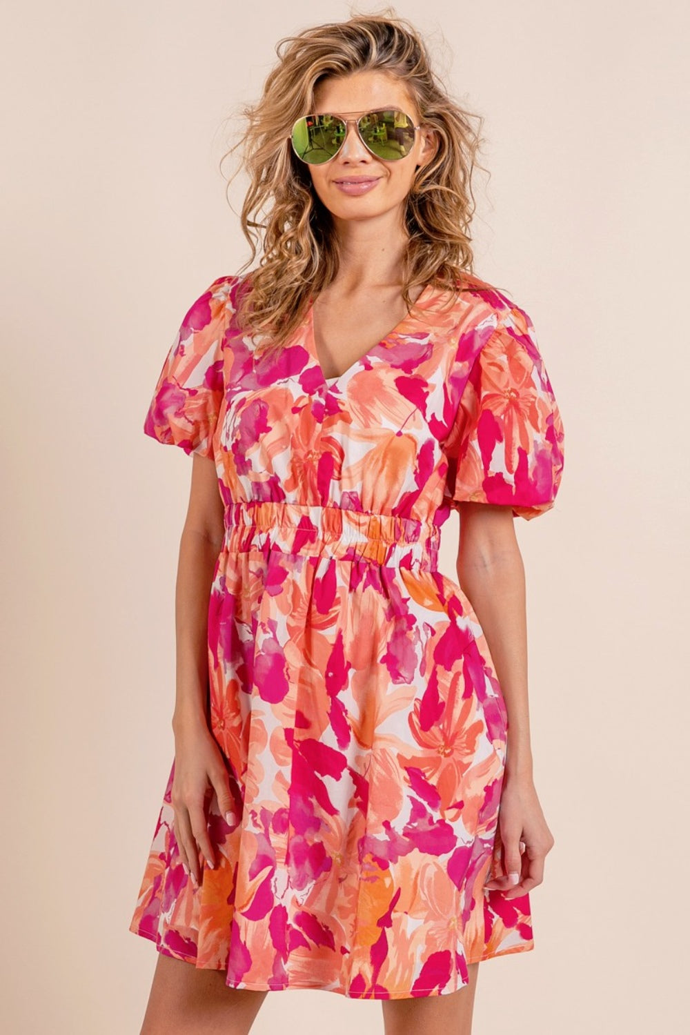 BiBi Floral V-Neck Puff Sleeve Mini Dress MadreForte LLC