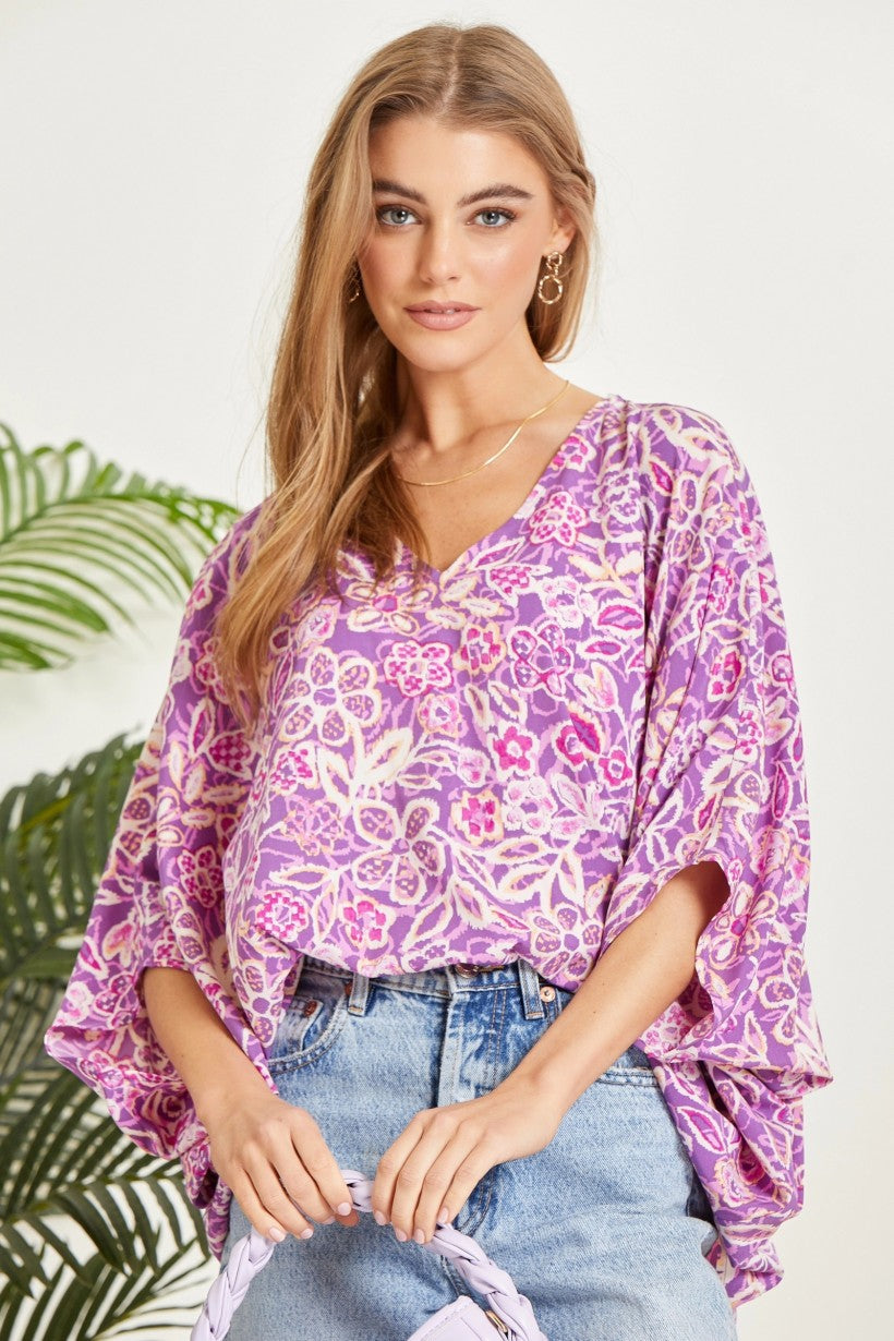 Printed Poncho Woven Top in Orchid MadreForte LLC