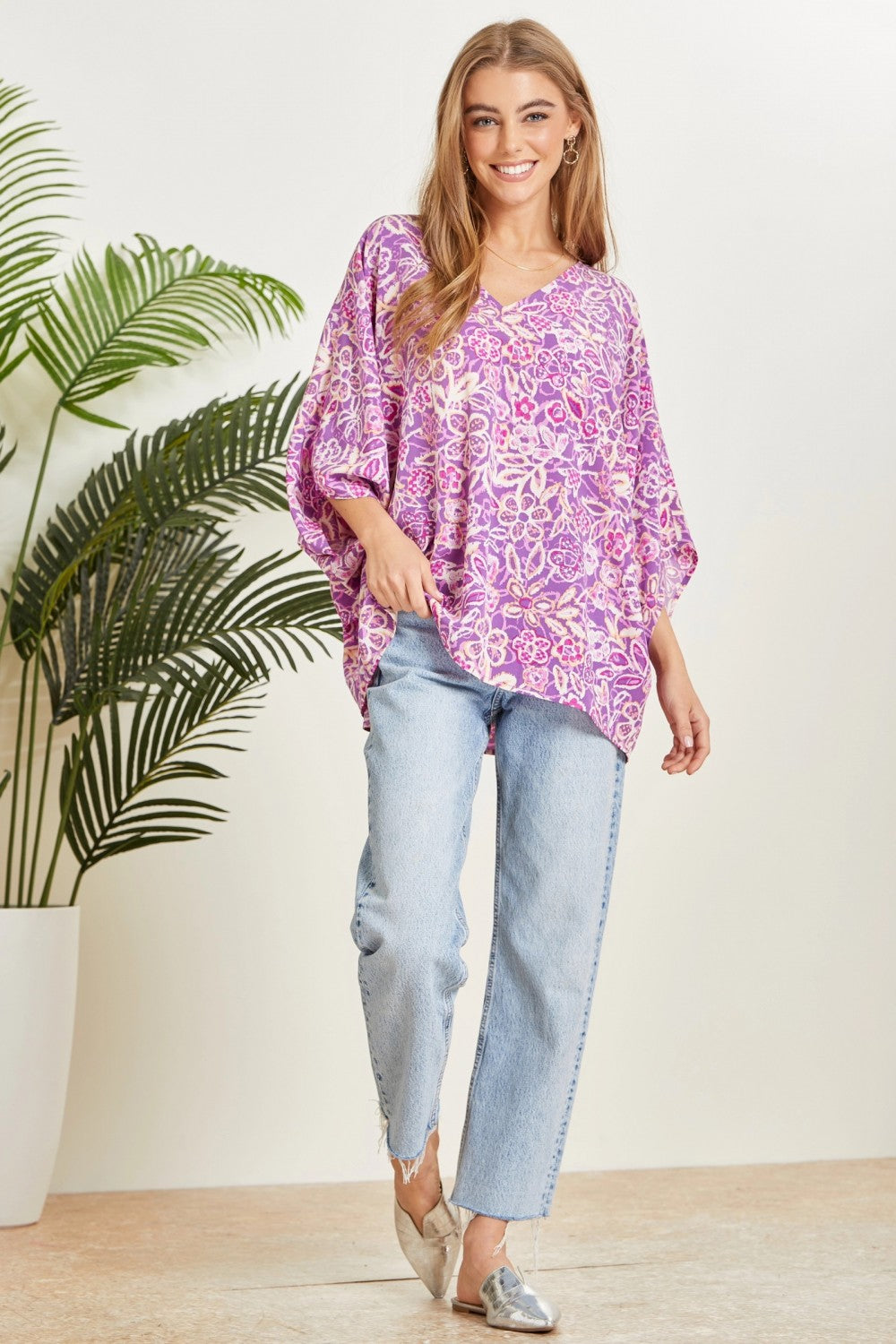 Printed Poncho Woven Top in Orchid MadreForte LLC