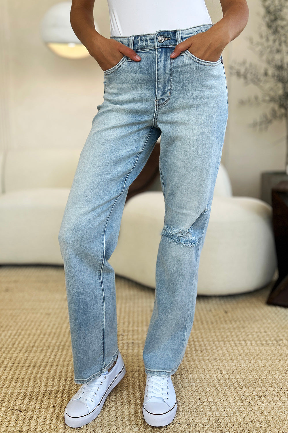 Judy Blue Full Size High Waist Distressed Straight Jeans MadreForte LLC