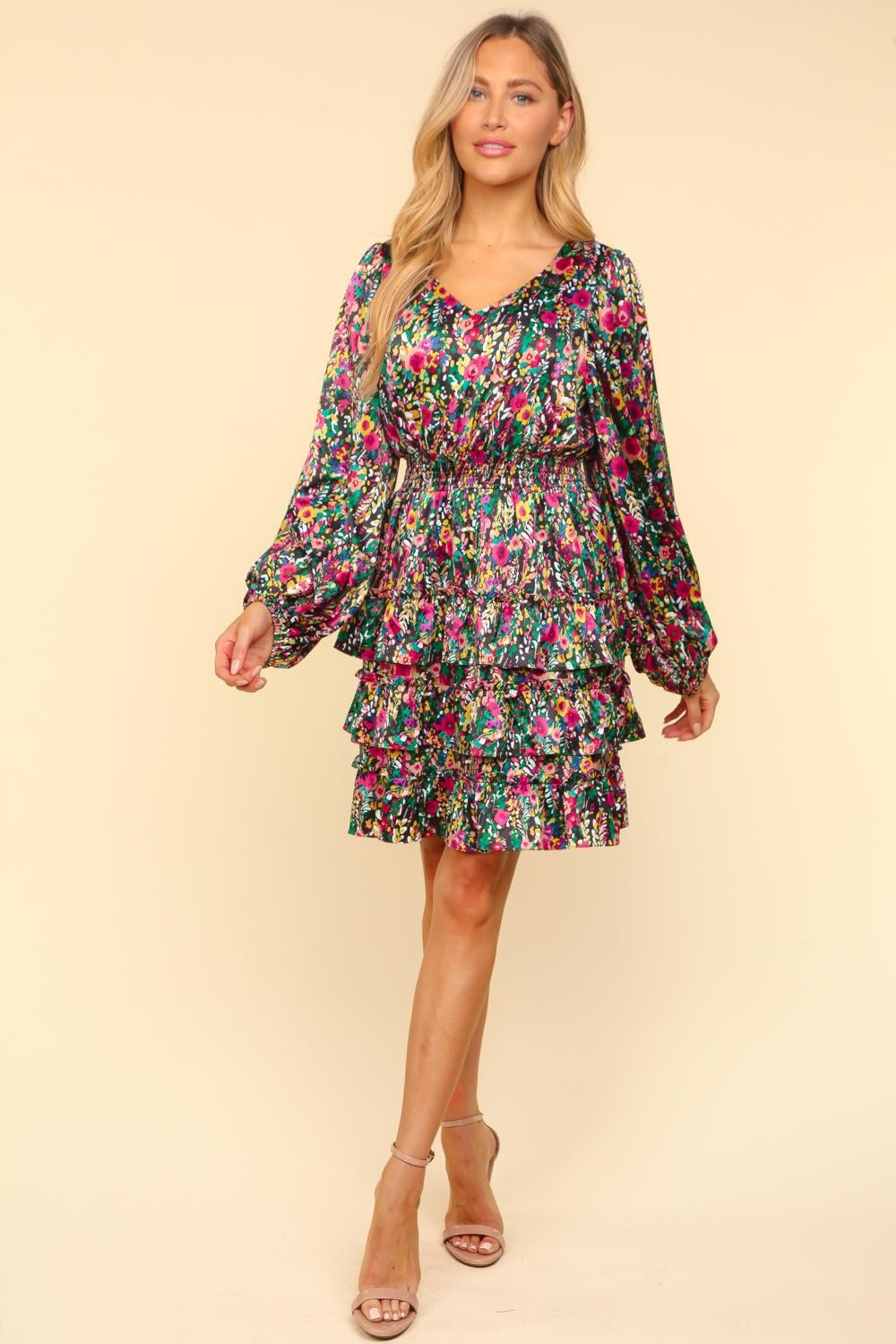 Haptics V-Neck Satin Floral Layered Dress MadreForte LLC