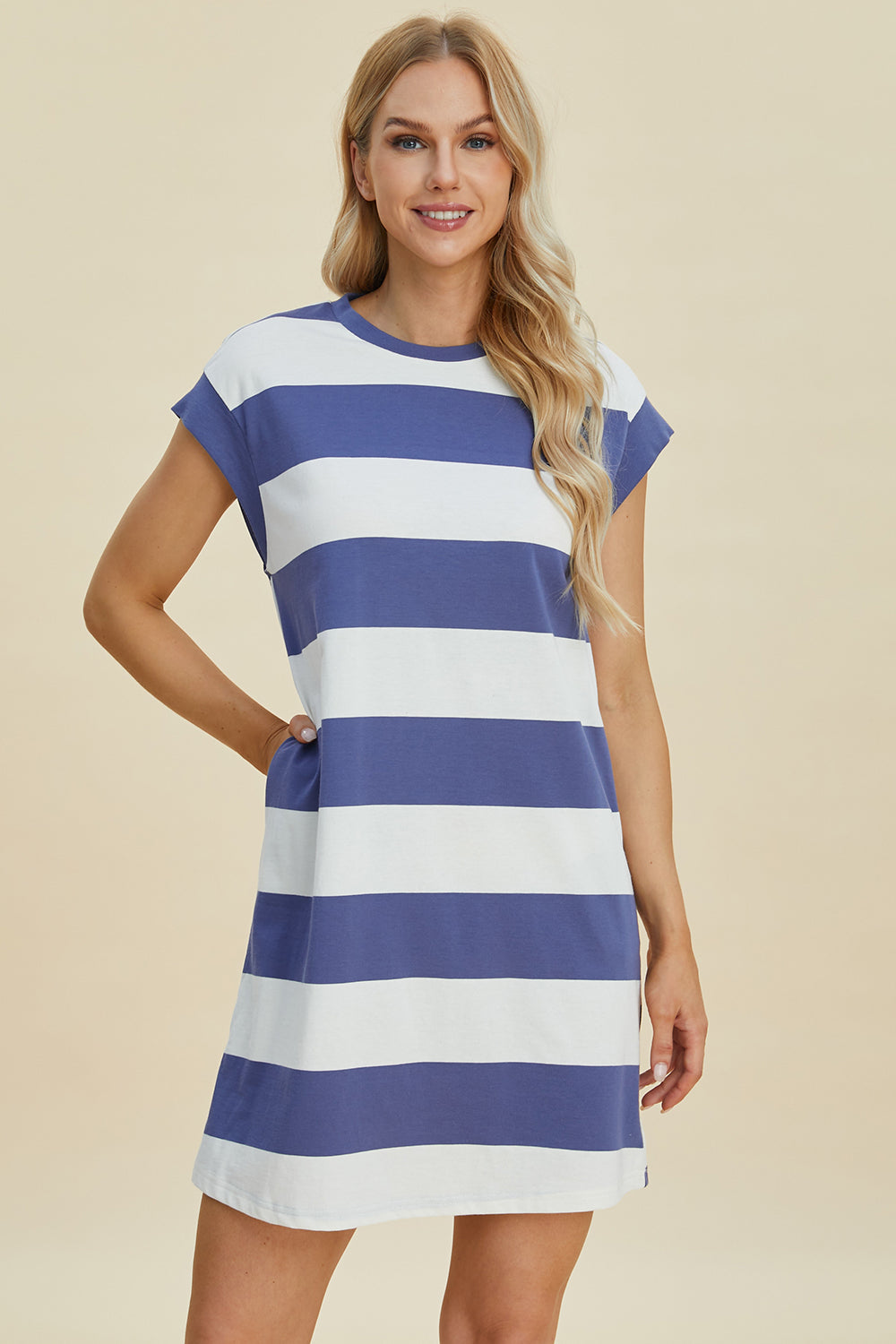 Basic Bae Full Size Striped Round Neck Cap Sleeve Mini Dress MadreForte LLC