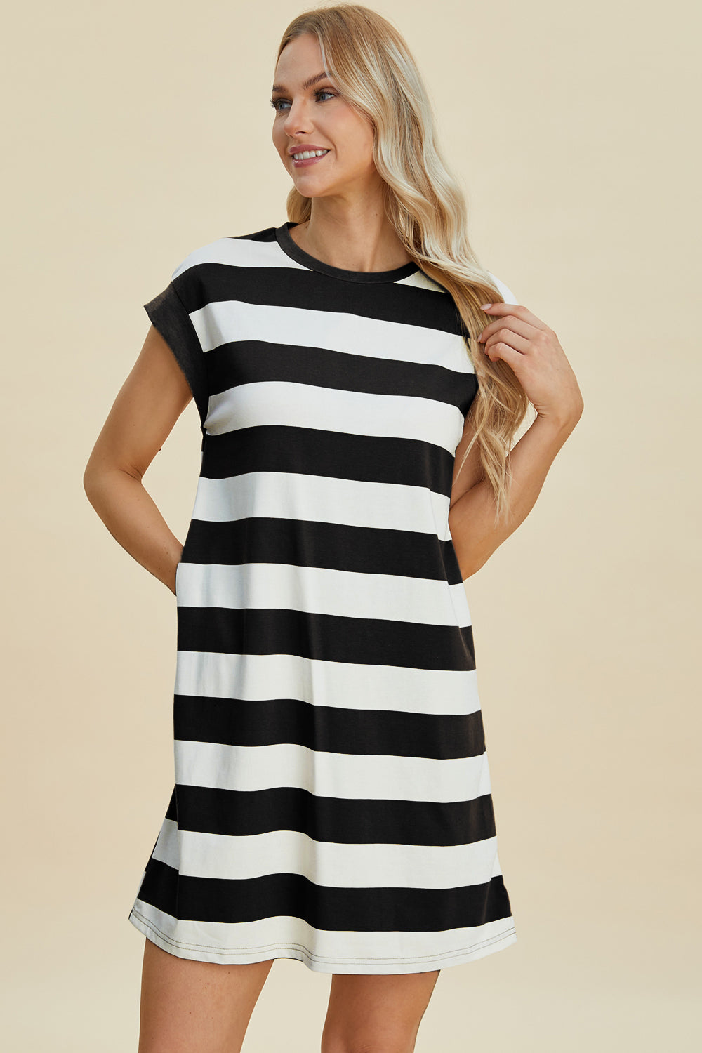 Basic Bae Full Size Striped Round Neck Cap Sleeve Mini Dress MadreForte LLC