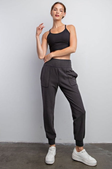 Rib Brushed Full Length Jogger Pant in Black MadreForte LLC