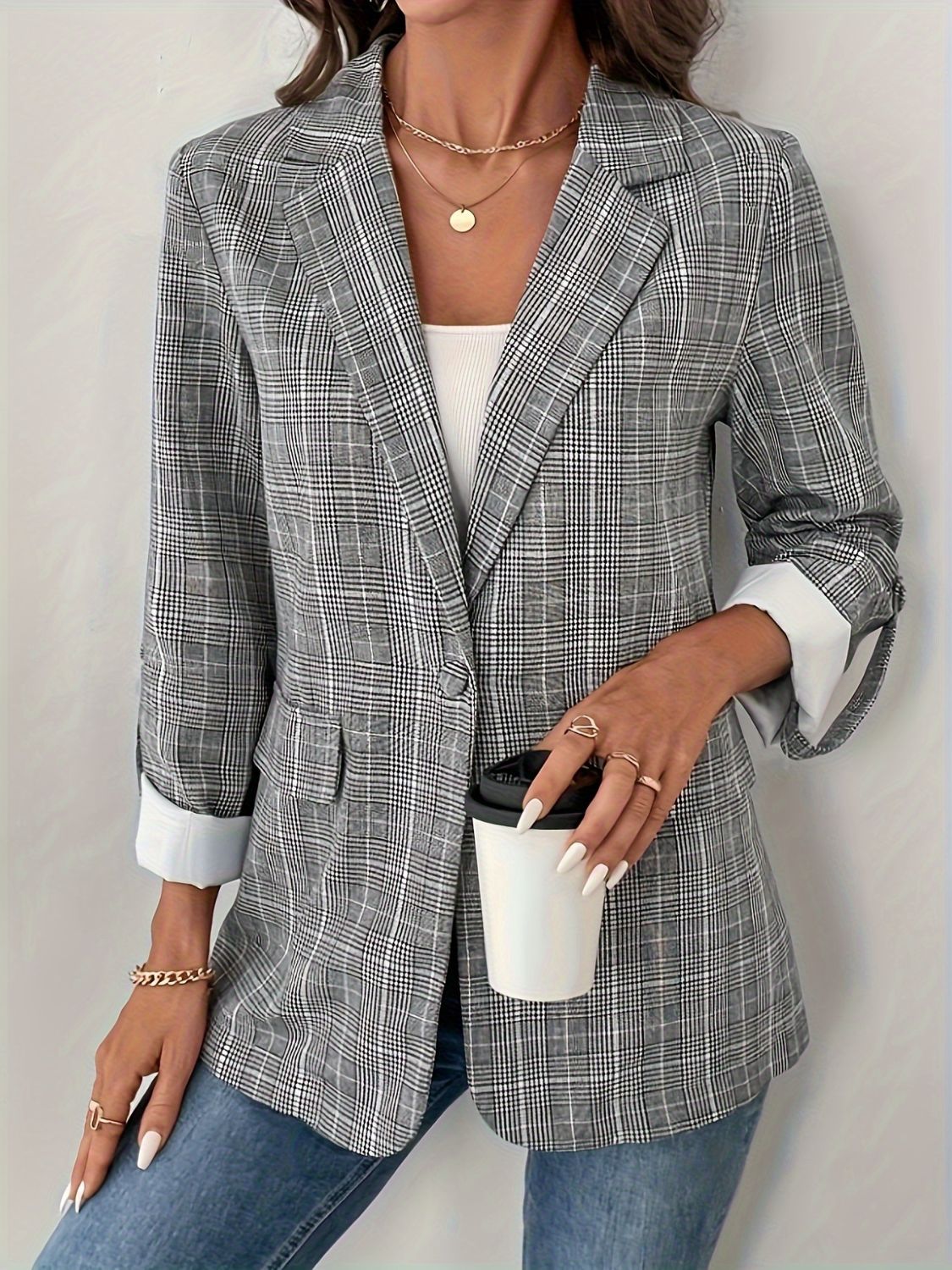 Single-Breasted Lapel Collar Plaid Blazer MadreForte LLC