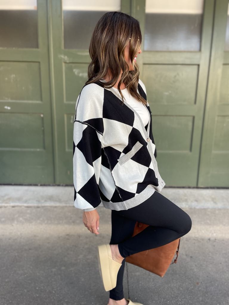 PREORDER: Contrast Trim Cardigan in Black Checkers MadreForte LLC