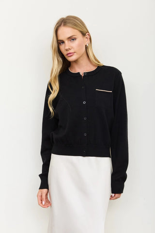 Round Neck Contrast Piping Button Cardigan