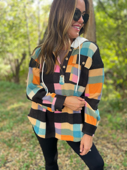 PREORDER: Rainbow Plaid Button Hoodie MadreForte LLC