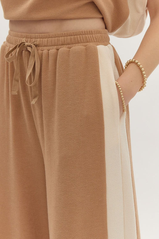 Solid Ribbed Contrast Trim Wide Leg Pants in Camel MadreForte LLC