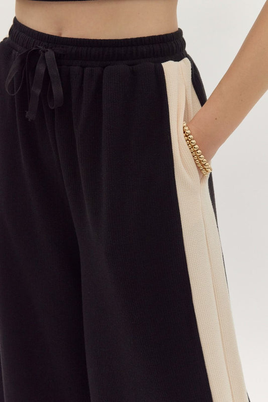 Solid Ribbed Contrast Trim Wide Leg Pants in Black MadreForte LLC