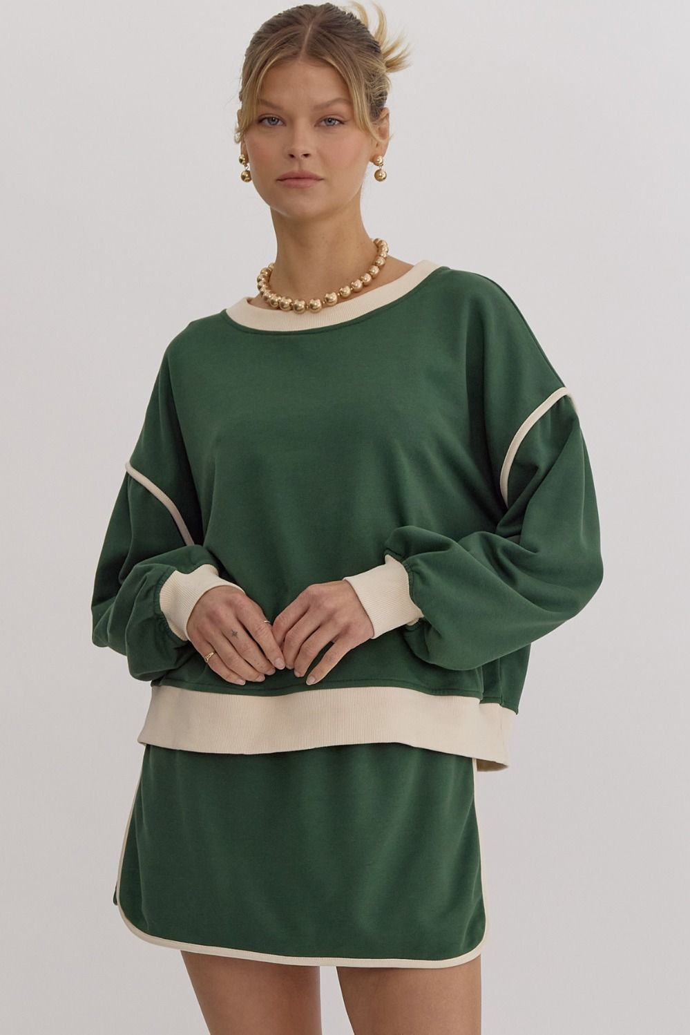 Solid Contrast Trim Long Sleeve Top in Hunter Green MadreForte LLC