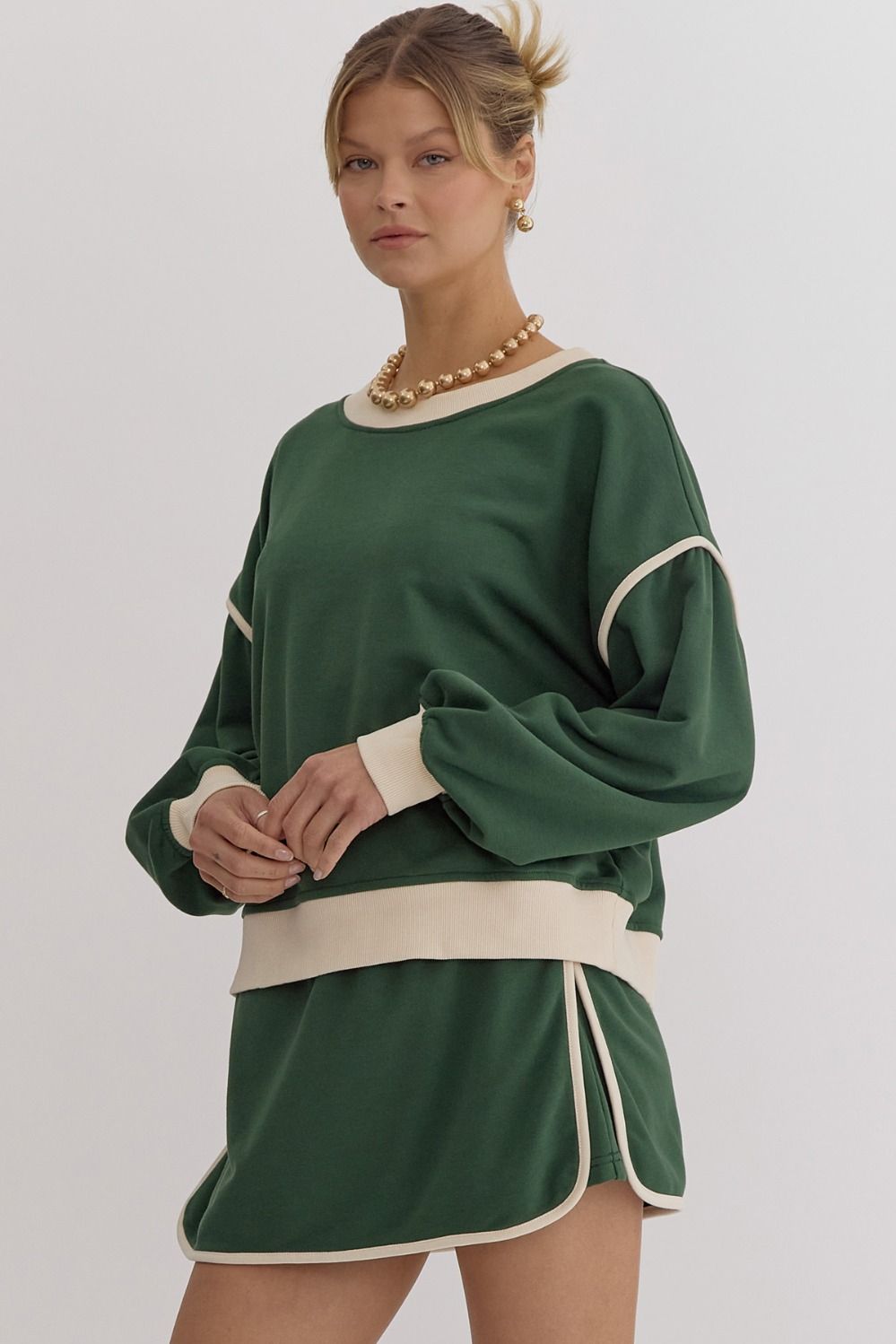 Solid Contrast Trim Long Sleeve Top in Hunter Green MadreForte LLC