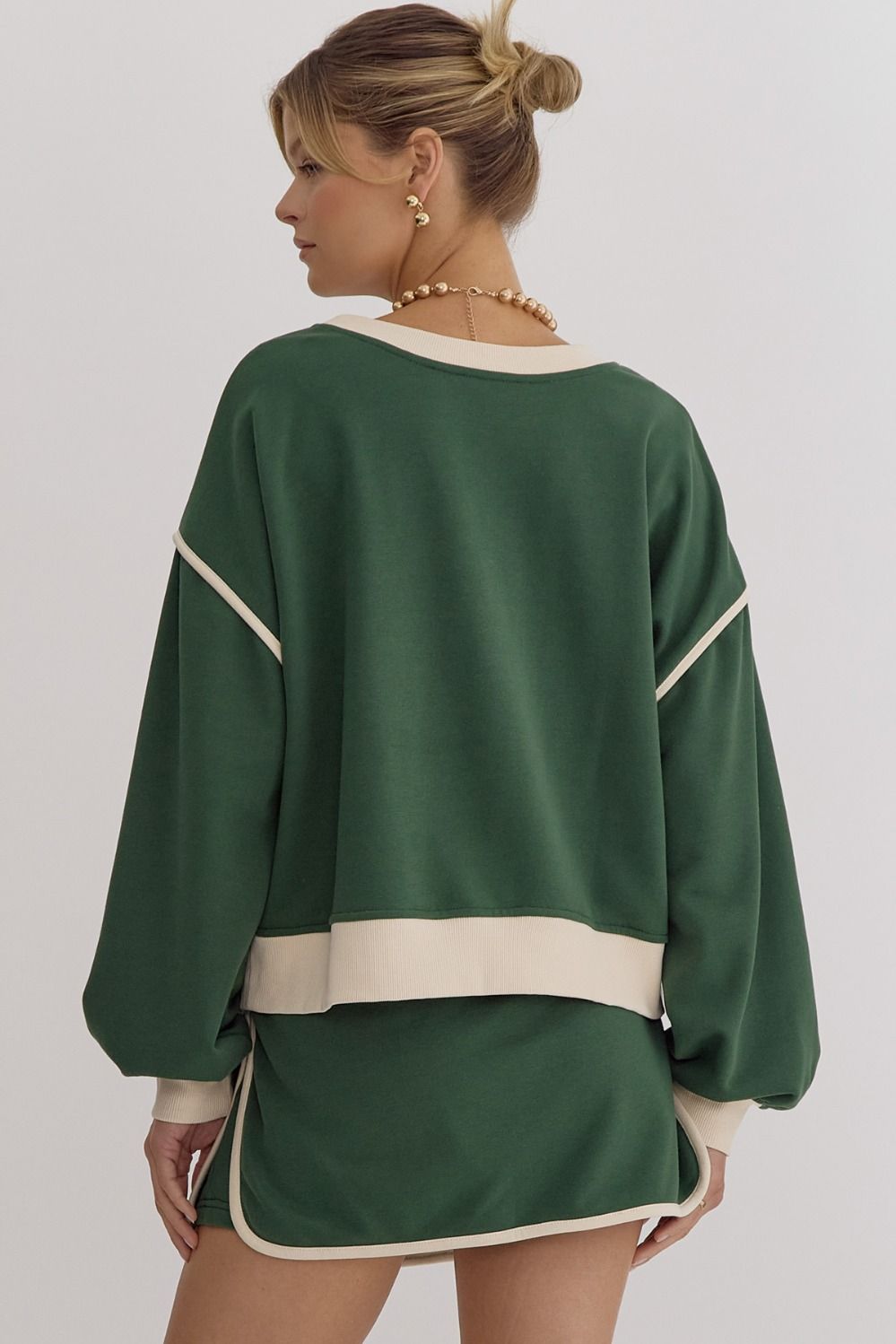 Solid Contrast Trim Long Sleeve Top in Hunter Green MadreForte LLC