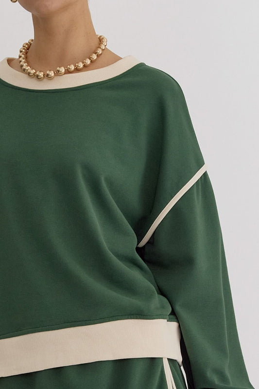 Solid Contrast Trim Long Sleeve Top in Hunter Green MadreForte LLC