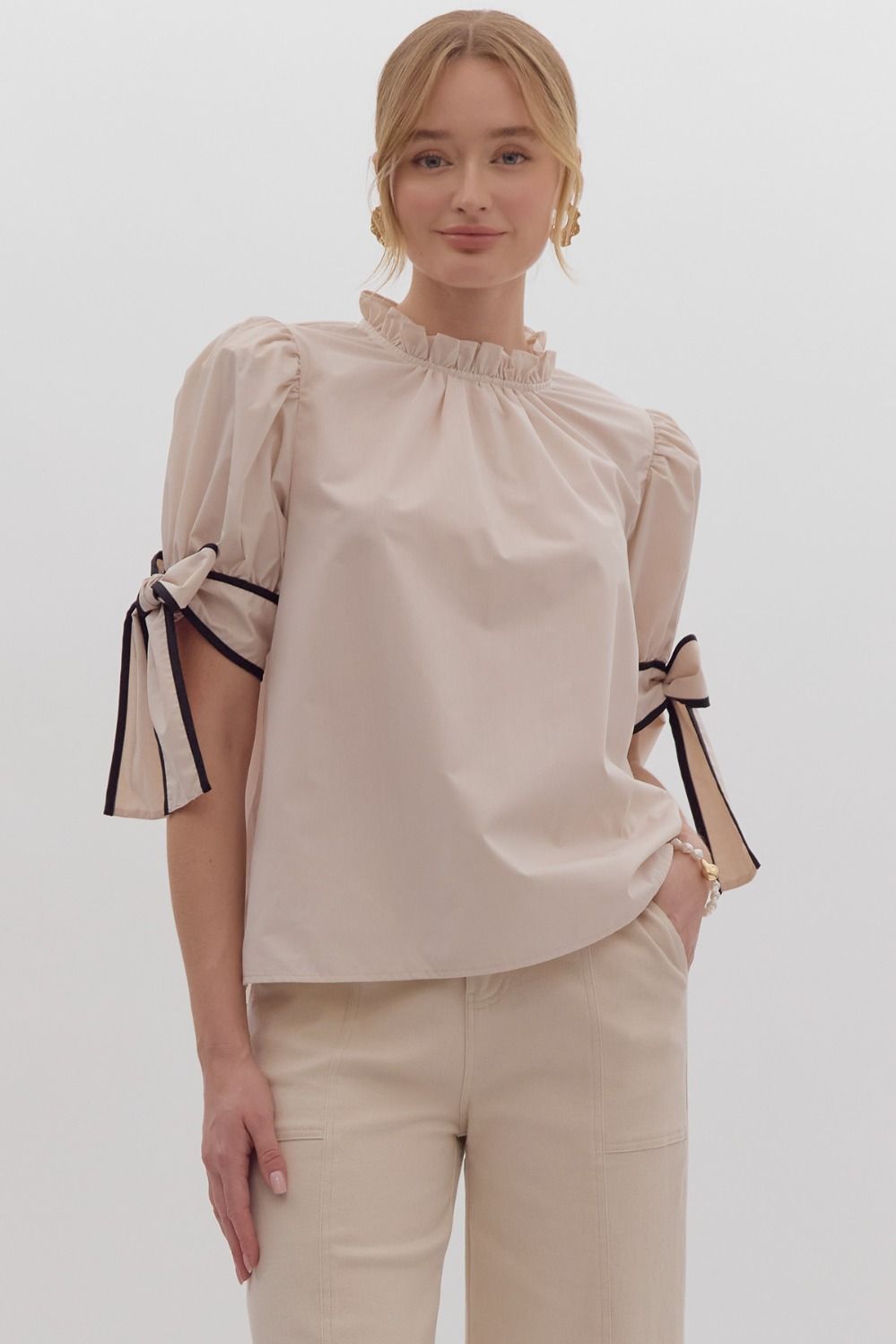 Solid Bow Tie Sleeve Blouse in Ecru MadreForte LLC